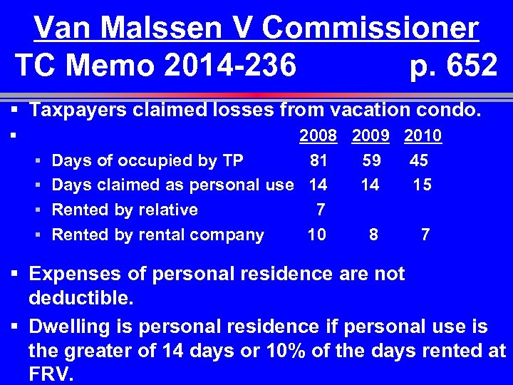 Van Malssen V Commissioner TC Memo 2014 -236 p. 652 § Taxpayers claimed losses