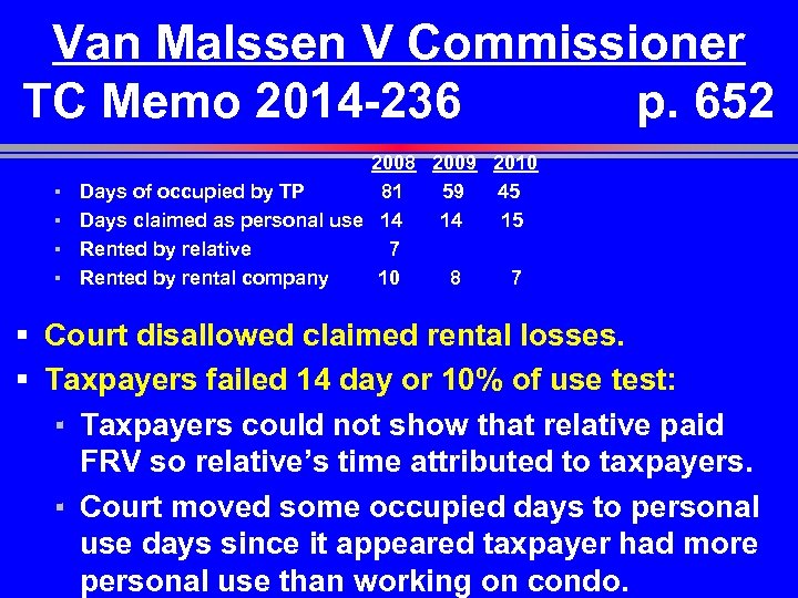Van Malssen V Commissioner TC Memo 2014 -236 p. 652 ▪ ▪ 2008 2009