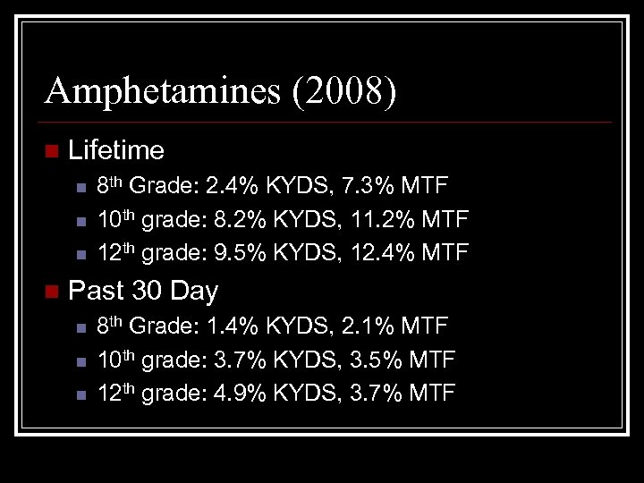 Amphetamines (2008) n Lifetime n n 8 th Grade: 2. 4% KYDS, 7. 3%