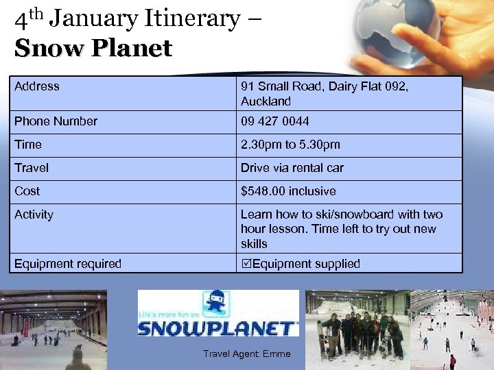 4 th January Itinerary – Snow Planet Address 91 Small Road, Dairy Flat 092,