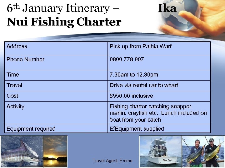 6 th January Itinerary – Nui Fishing Charter Ika Address Pick up from Paihia