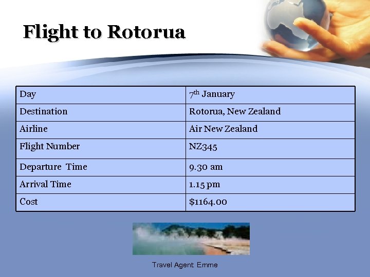 Flight to Rotorua Day 7 th January Destination Rotorua, New Zealand Airline Air New