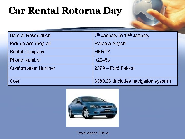 Car Rental Rotorua Day Date of Reservation 7 th January to 10 th January