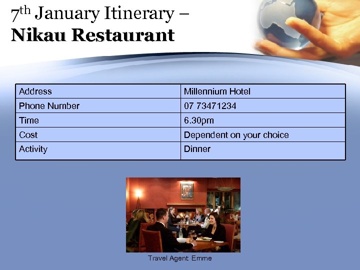 7 th January Itinerary – Nikau Restaurant Address Millennium Hotel Phone Number 07 73471234