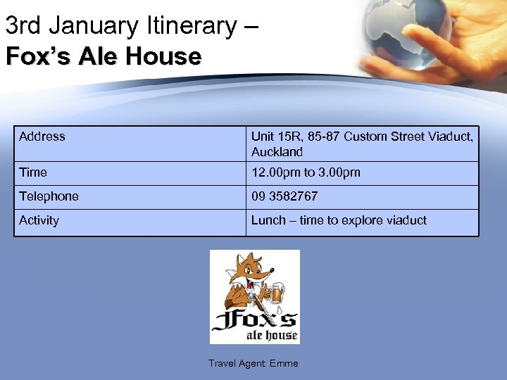 3 rd January Itinerary – Fox’s Ale House Address Unit 15 R, 85 -87