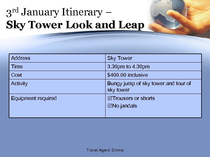 3 rd January Itinerary – Sky Tower Look and Leap Address Sky Tower Time