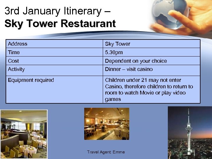 3 rd January Itinerary – Sky Tower Restaurant Address Sky Tower Time 5. 30