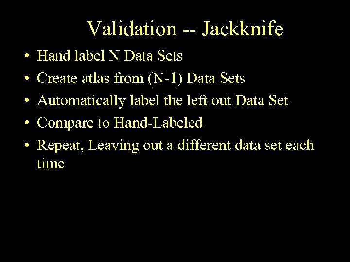 Validation -- Jackknife • • • Hand label N Data Sets Create atlas from