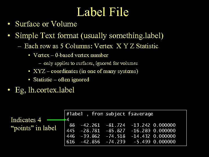 Label File • Surface or Volume • Simple Text format (usually something. label) –