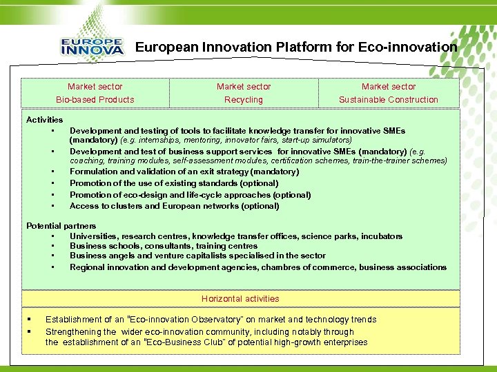 European Innovation Platform for Eco-innovation Market sector Bio-based Products Recycling Sustainable Construction Activities •