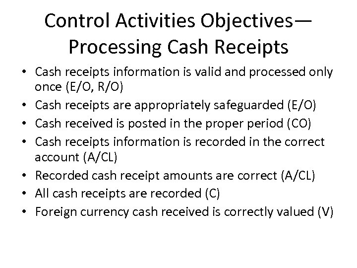 Control Activities Objectives— Processing Cash Receipts • Cash receipts information is valid and processed