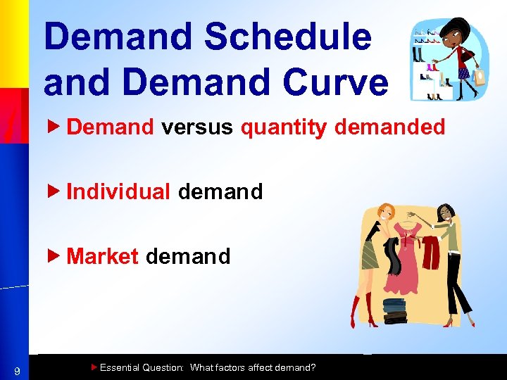 Demand Schedule and Demand Curve Demand versus quantity demanded Individual demand Market demand 9