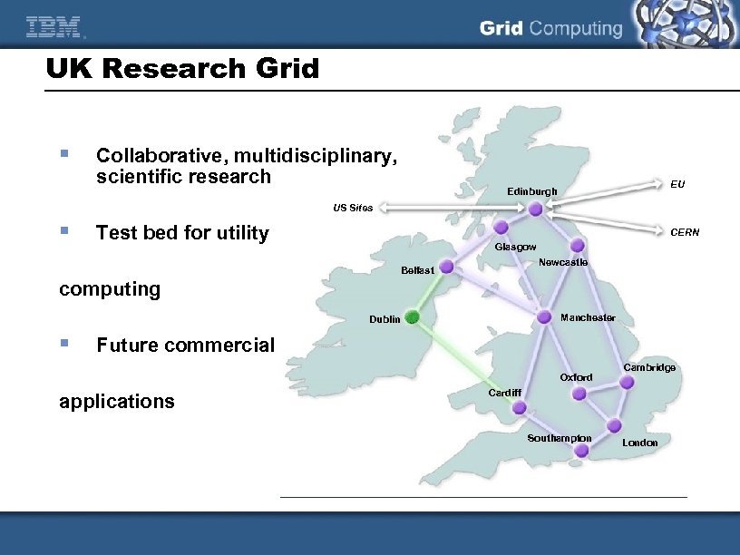 UK Research Grid § Collaborative, multidisciplinary, scientific research EU Edinburgh US Sites § Test