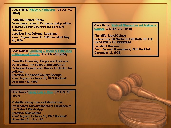 Case Name: Plessy v. Ferguson, 163 U. S. 537 (1896) Plaintiffs: Homer Plessy Defendants: