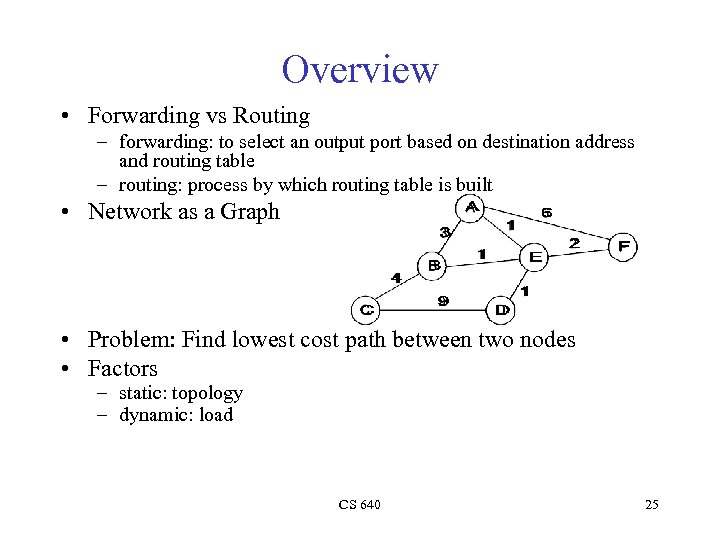 Overview • Forwarding vs Routing – forwarding: to select an output port based on