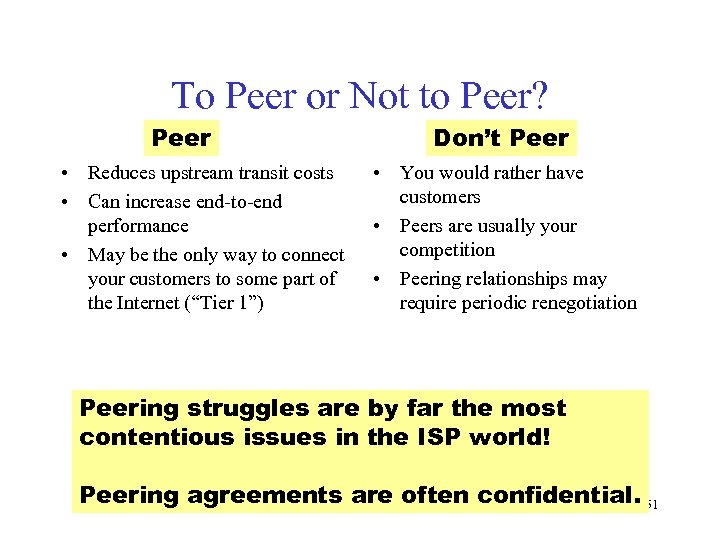 To Peer or Not to Peer? Peer • Reduces upstream transit costs • Can