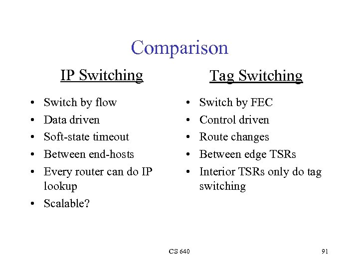 Comparison IP Switching • • • Switch by flow Data driven Soft-state timeout Between
