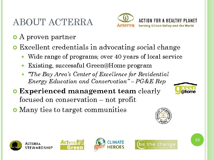 ABOUT ACTERRA A proven partner Excellent credentials in advocating social change Wide range of
