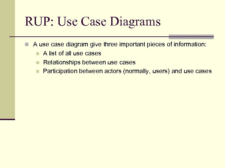RUP: Use Case Diagrams n A use case diagram give three important pieces of