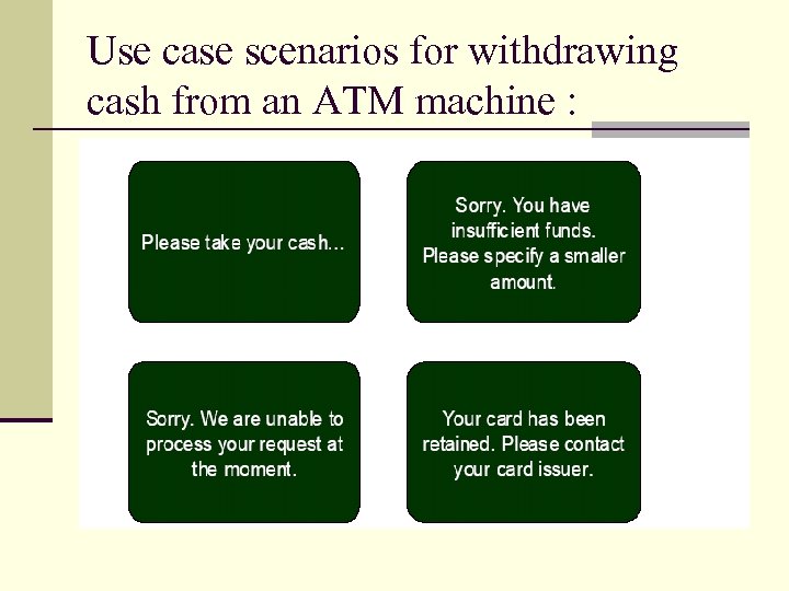 Use case scenarios for withdrawing cash from an ATM machine : 