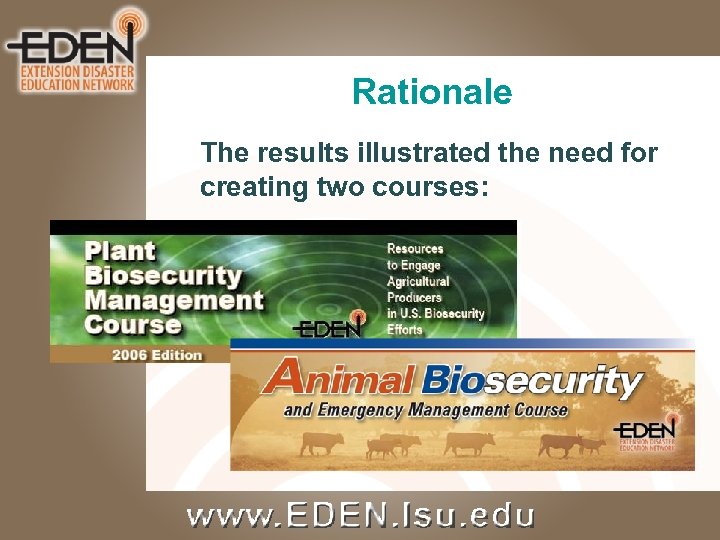 Rationale The results illustrated the need for creating two courses: 