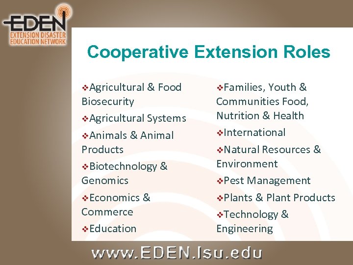 Cooperative Extension Roles v. Agricultural & Food Biosecurity v. Agricultural Systems v. Animals &
