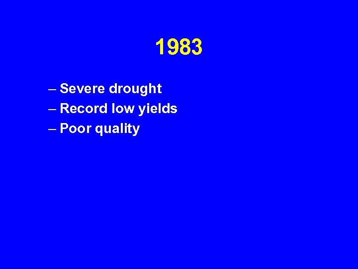 1983 – Severe drought – Record low yields – Poor quality 