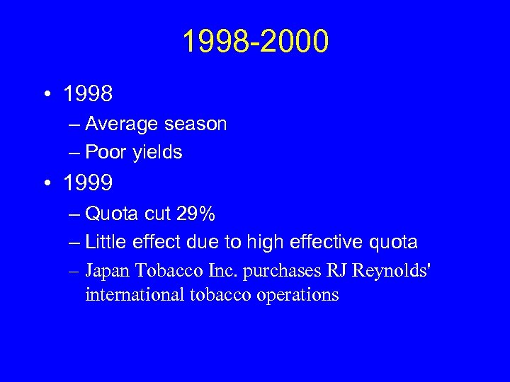 1998 -2000 • 1998 – Average season – Poor yields • 1999 – Quota