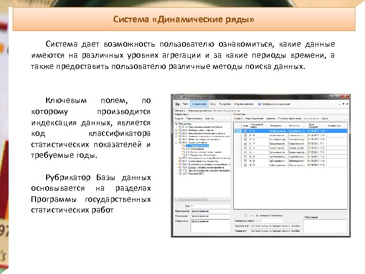 Система «Динамические ряды» Система дает возможность пользователю ознакомиться, какие данные имеются на различных уровнях