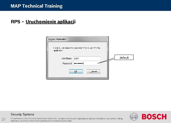 MAP Technical Training RPS – Uruchomienie aplikacji default Security Systems 20 ST-IN/PRM-EU | 19.