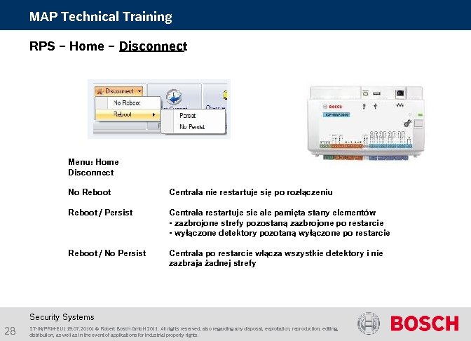 MAP Technical Training RPS – Home – Disconnect Menu: Home Disconnect No Reboot Centrala