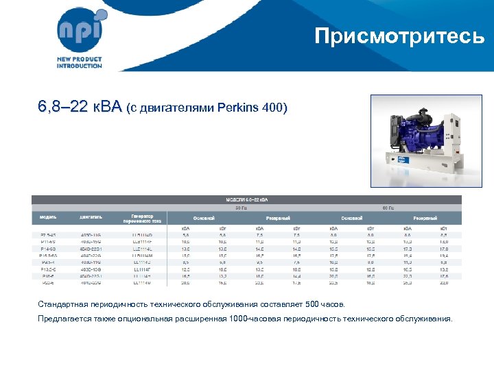 Присмотритесь 6, 8– 22 к. ВА (с двигателями Perkins 400) Стандартная периодичность технического обслуживания