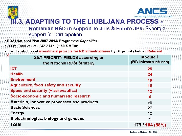 III. 3. ADAPTING TO THE LIUBLJANA PROCESS - Romanian R&D in support to JTIs