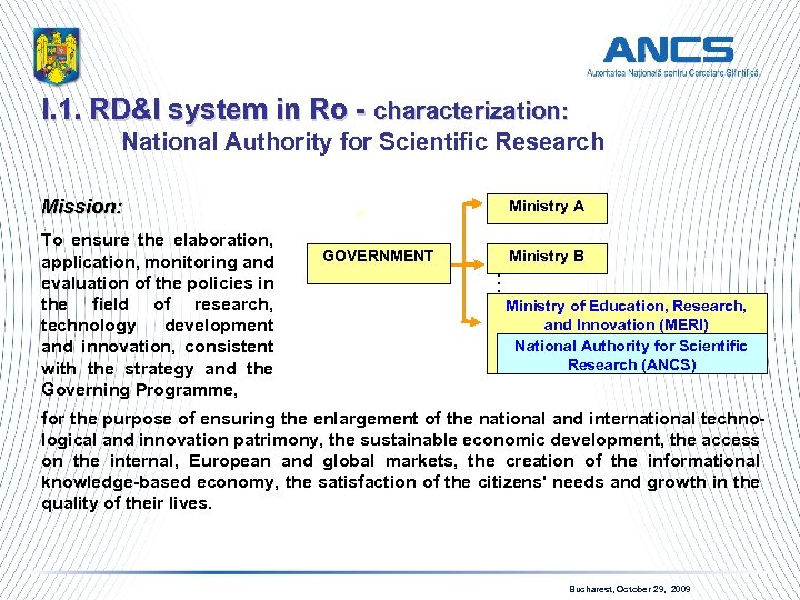 I. 1. RD&I system in Ro - characterization: National Authority for Scientific Research Mission: