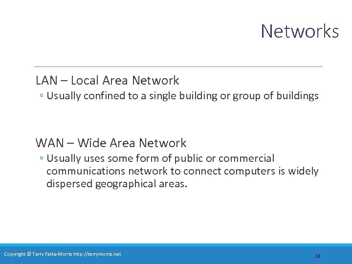 Networks LAN – Local Area Network ◦ Usually confined to a single building or