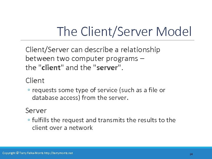 The Client/Server Model Client/Server can describe a relationship between two computer programs – the