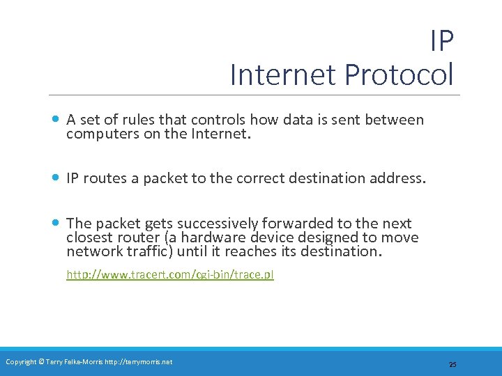 IP Internet Protocol A set of rules that controls how data is sent between