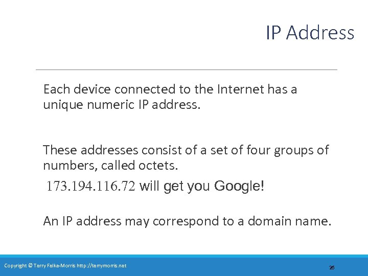 IP Address Each device connected to the Internet has a unique numeric IP address.