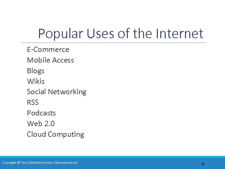 Popular Uses of the Internet E-Commerce Mobile Access Blogs Wikis Social Networking RSS Podcasts