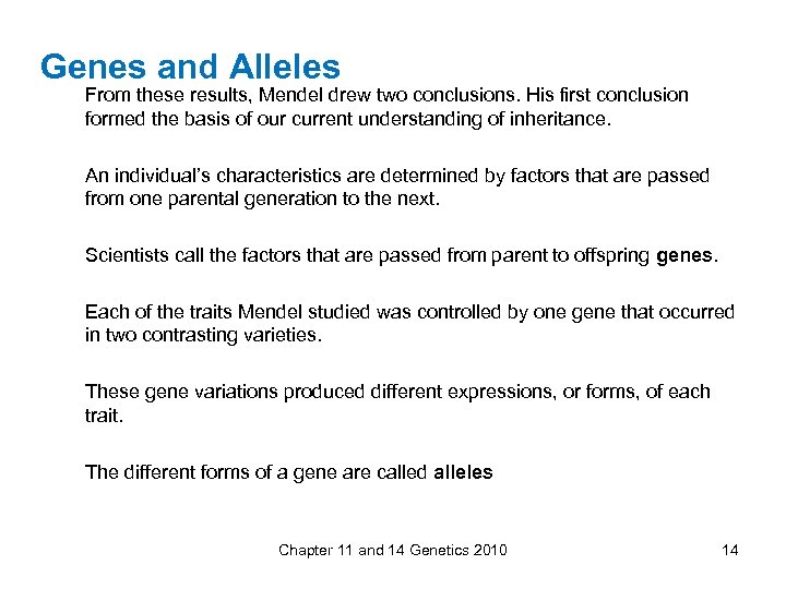 Genes and Alleles From these results, Mendel drew two conclusions. His first conclusion formed
