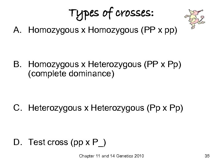Types of crosses: A. Homozygous x Homozygous (PP x pp) B. Homozygous x Heterozygous