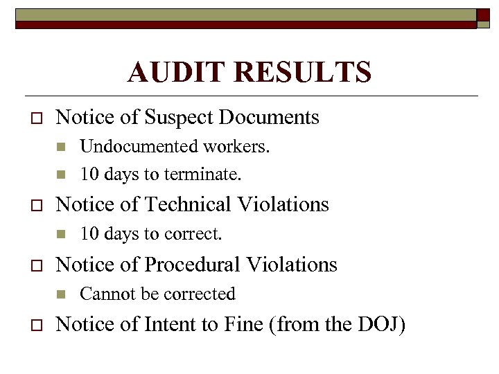 AUDIT RESULTS o Notice of Suspect Documents n n o Notice of Technical Violations