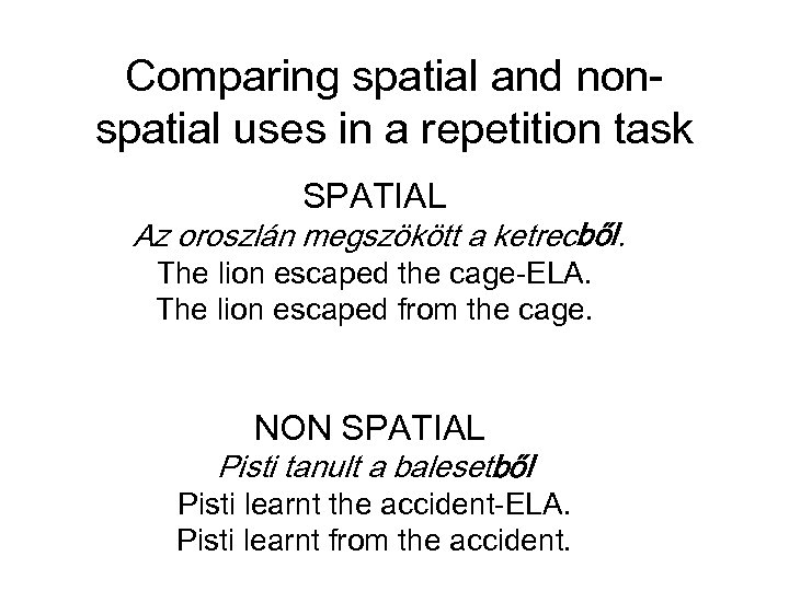 Comparing spatial and nonspatial uses in a repetition task SPATIAL Az oroszlán megszökött a