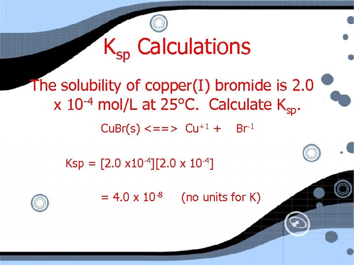 Ksp Calculations The solubility of copper(I) bromide is 2. 0 x 10 -4 mol/L