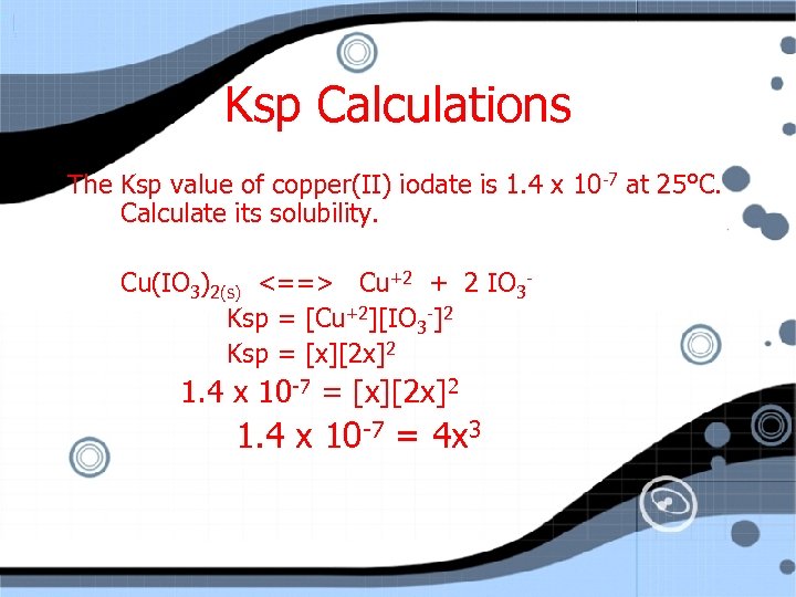 Ksp Calculations The Ksp value of copper(II) iodate is 1. 4 x 10 -7