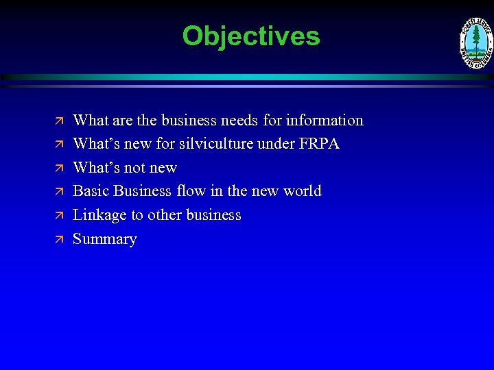 Objectives ä ä ä What are the business needs for information What’s new for