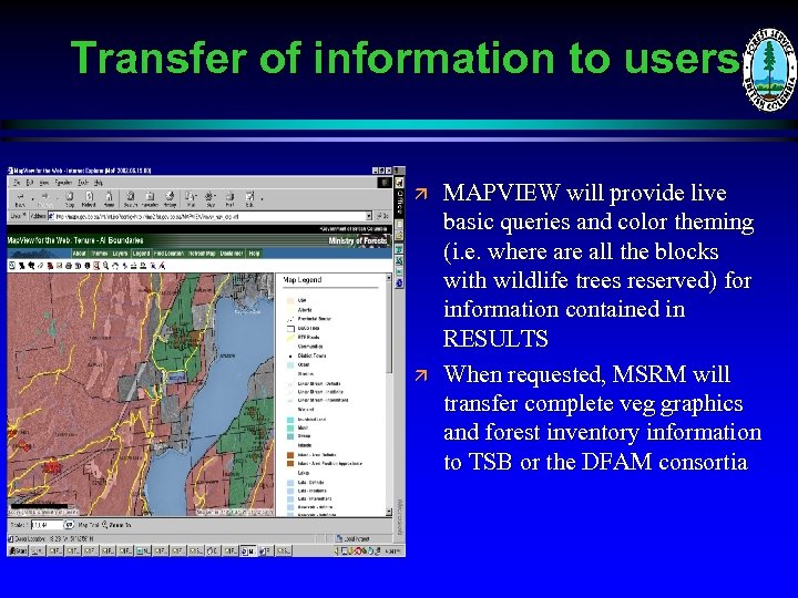 Transfer of information to users ä ä MAPVIEW will provide live basic queries and