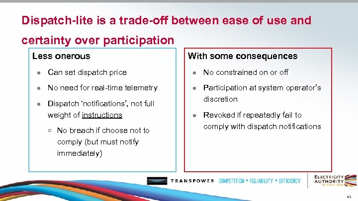 Dispatch-lite is a trade-off between ease of use and certainty over participation Less onerous