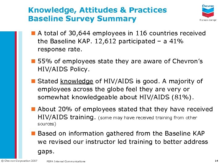 Knowledge, Attitudes & Practices Baseline Survey Summary n A total of 30, 644 employees