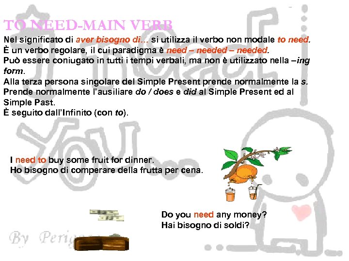 TO NEED-MAIN VERB Nel significato di aver bisogno di… si utilizza il verbo non